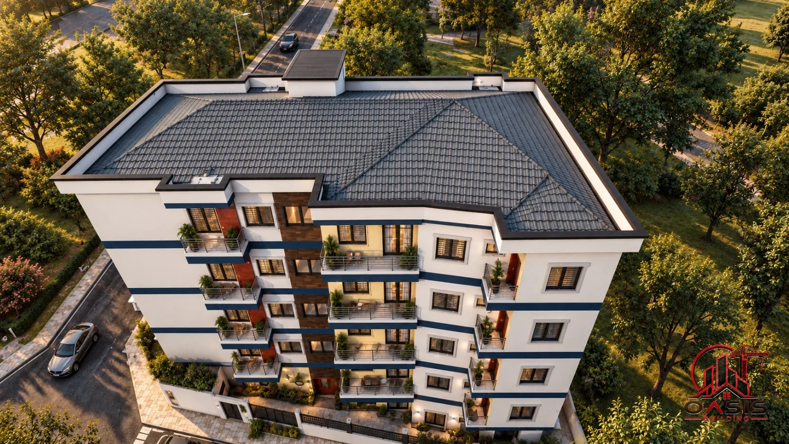 Vue aérienne d’un immeuble résidentiel