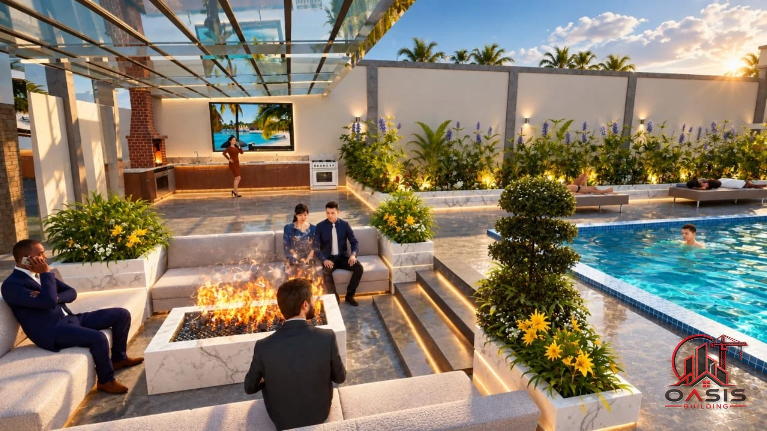 Espace détente extérieur avec piscine